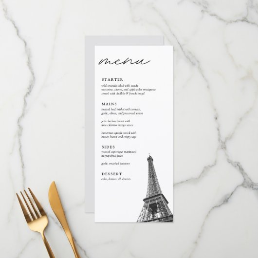 Paris Bruiloft Modern Elegant Diner Menu (Voorkant / Achterkant in situ)