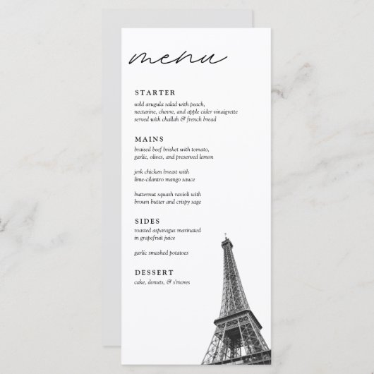 Paris Bruiloft Modern Elegant Diner Menu (Voorkant / Achterkant)