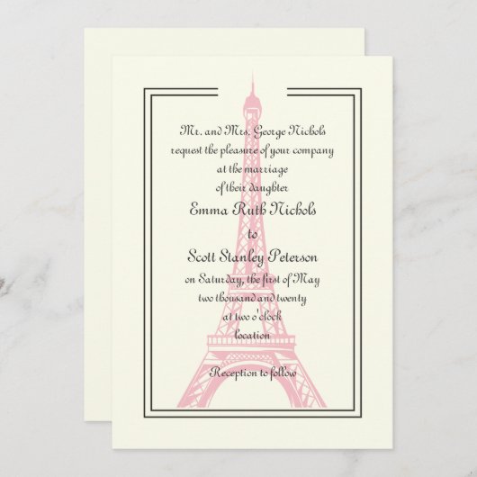 Paris bruiloft roze Eiffeltoren ivoor uitnodiging (Voorkant / Achterkant)