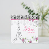 Paris bruiloft uitnodigen roze rozen zilver zwart  kaart (Staand voorkant)