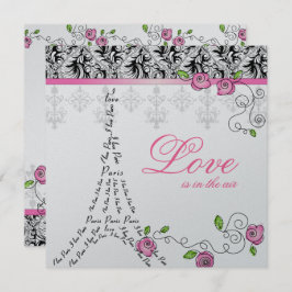 Paris bruiloft uitnodigen roze rozen zilver zwart  kaart