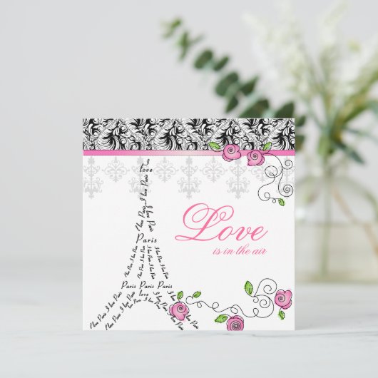 Paris bruiloft uitnodiging roze rozen zwart wit (Staand voorkant)