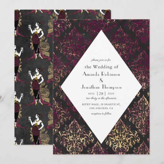 Paris Burgundy en Faux Gold Wine Art Deco Wedding Kaart (Voorkant / Achterkant)