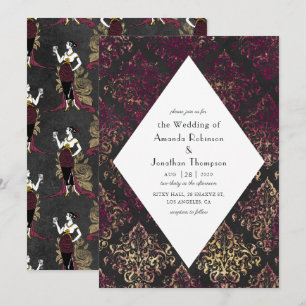 Paris Burgundy en Faux Gold Wine Art Deco Wedding Kaart