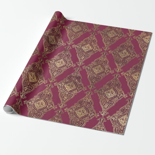 Paris Burgundy Red en Gold Grunge Damask Cadeaupapier (Uitgerold)