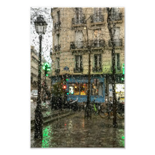 Paris Cafe and Lamp in Rain - Foto Afdruk