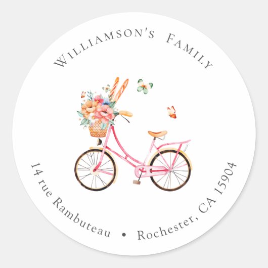 Paris Cafe Boulangerie Bicycle Waterverf Adres Ronde Sticker (Voorkant)