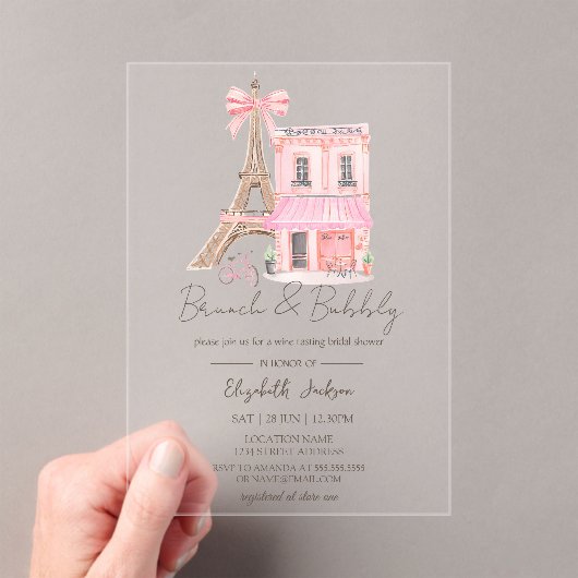 Paris Cafe Pink Striped Brunch and Bubbly Acryl Uitnodigingen (Insitu (Draagbaar))