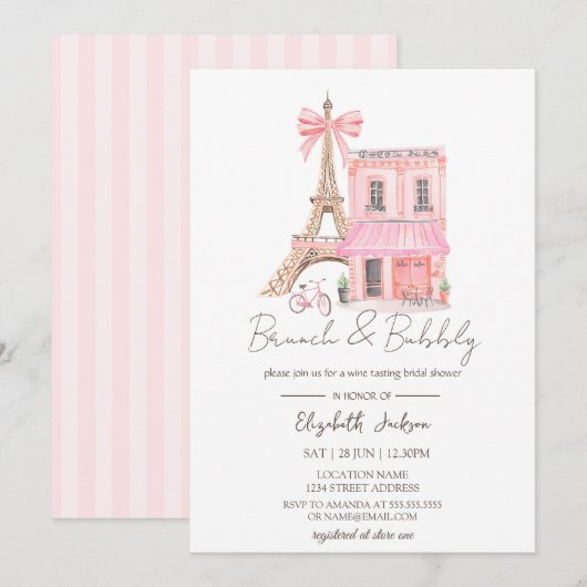 Paris Café Roze Gestreepte Brunch en Mousserende Kaart (Voorkant / Achterkant)