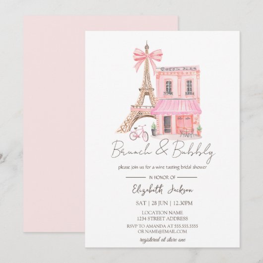 Paris Cafe Watercolor Pink Brunch and Bubbly Kaart (Voorkant / Achterkant)