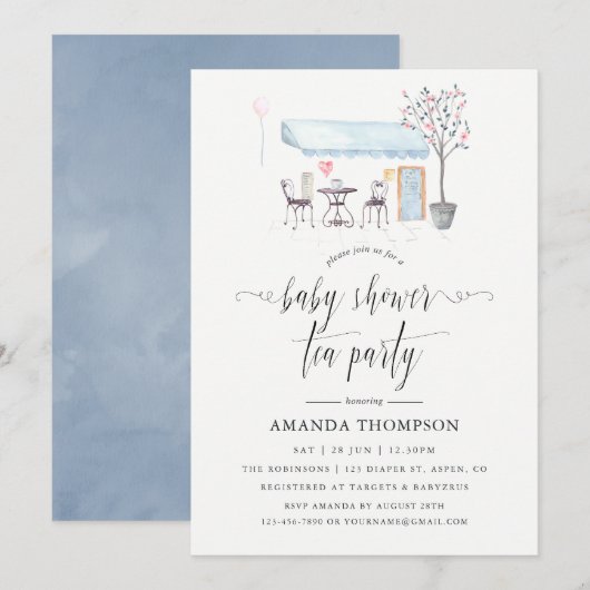 Paris Cafe Waterverf Baby shower Tea Party Kaart (Voorkant / Achterkant)