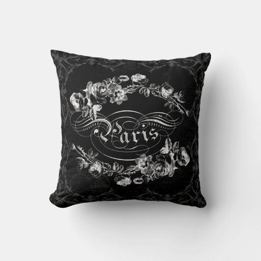 Paris Calligraphy Flowers Black and White Kussen (Voorkant)