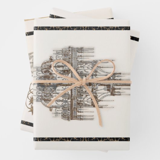 Paris Chandelier Trio Black Gold Decoupage Inpakpapier Vel (In situ)