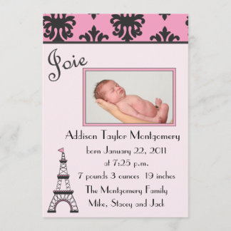 Paris Chic Black en Pink Birth Announement Aankondiging