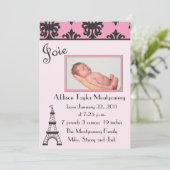 Paris Chic Black en Pink Birth Announement Aankondiging (Staand voorkant)