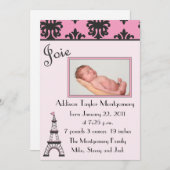 Paris Chic Black en Pink Birth Announement Aankondiging (Voorkant / Achterkant)