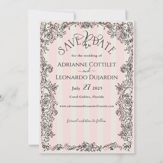 Paris Chic  Roze Strepen Huwelijk Save The Date (Voorkant)