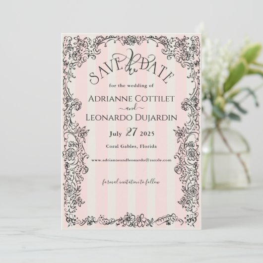 Paris Chic  Roze Strepen Huwelijk Save The Date (Staand voorkant)