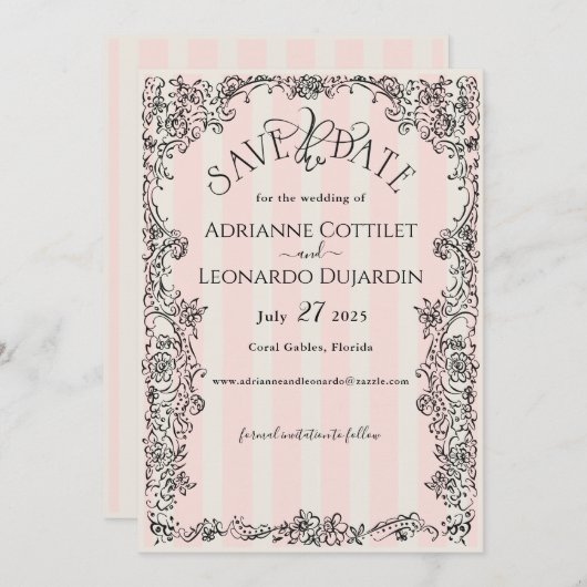 Paris Chic  Roze Strepen Huwelijk Save The Date (Voorkant / Achterkant)