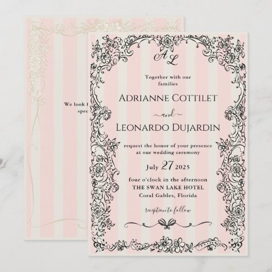 Paris Chic  Roze Strepen Huwelijksuitnodiging Kaart (Voorkant / Achterkant)