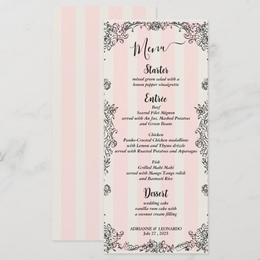Paris Chic  Roze Strepen Script Wedding Menu (Voorkant / Achterkant)