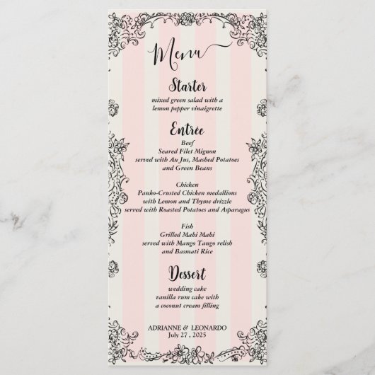 Paris Chic Roze Strepen Script Wedding Menu (Voorkant)