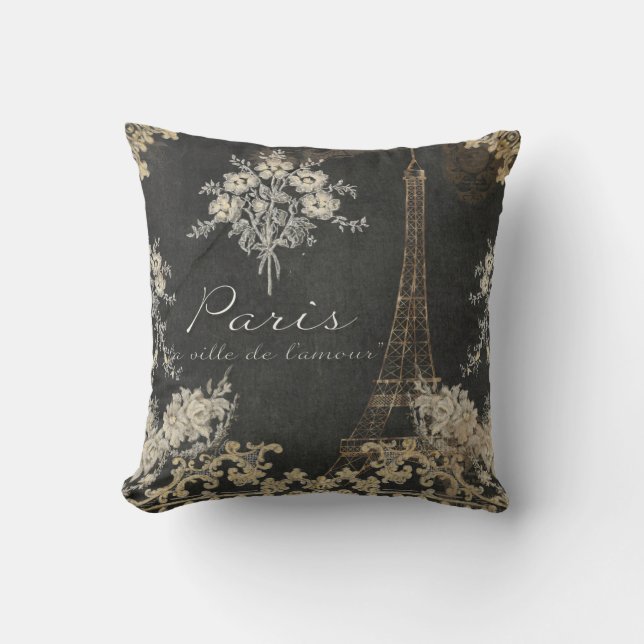 Paris City of Love Eiffel Tower Chalkboard Floral Kussen (Voorkant)