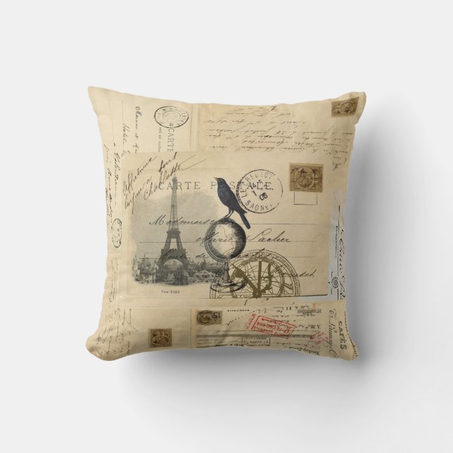 Paris Crow Wereldbol Frans Briefkaart Pillow Kussen (Voorkant)