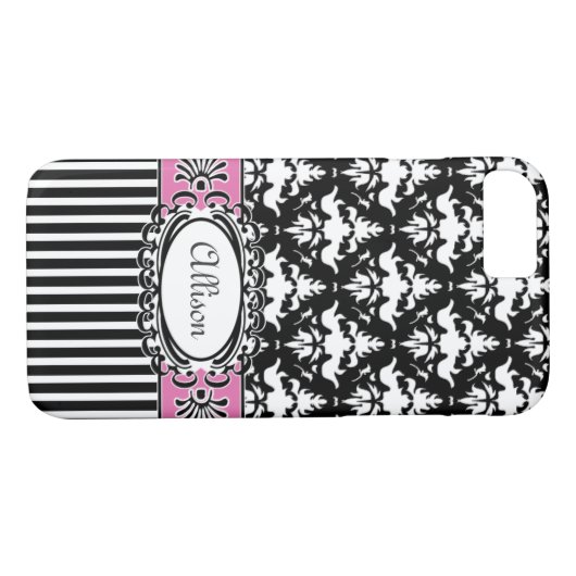 Paris Demoiselle Damask Pink en Black Case-Mate iPhone Case (Achterkant (Horizontaal))