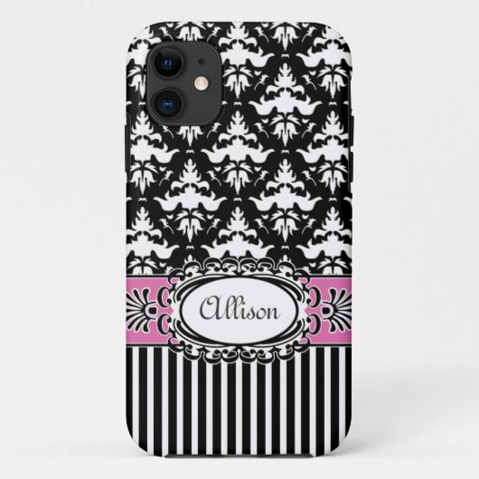 Paris Demoiselle Damask Pink en Black Case-Mate iPhone Case (Achterkant)