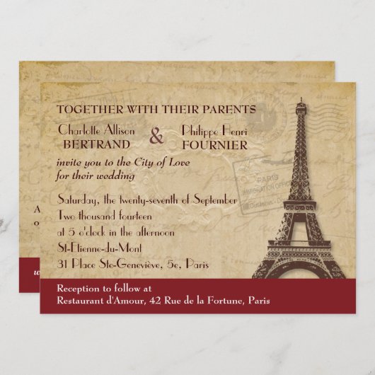 Paris Destination Wedding Invitation Kaart (Voorkant / Achterkant)