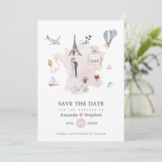 Paris Destination Wedding Monogrammed Foto Save The Date (Staand voorkant)