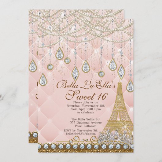 Paris Diamond en Parels Verjaardagsfeestuitnodigin Kaart (Voorkant / Achterkant)