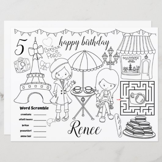Paris Eiffel activity color sheet placemats (Voorkant / Achterkant)
