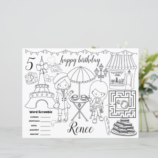 Paris Eiffel activity color sheet placemats (Staand voorkant)