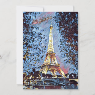 Paris Eiffel Impressionist Blauwe Kerstman Kerstmi Feestdagenkaart