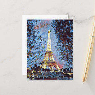 Paris Eiffel Impressionist Blauwe Kerstman Kerstmi Feestdagenkaart