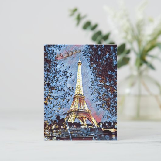 Paris Eiffel Impressionist Blauwe Kerstman Kerstmi Feestdagenkaart (Staand voorkant)