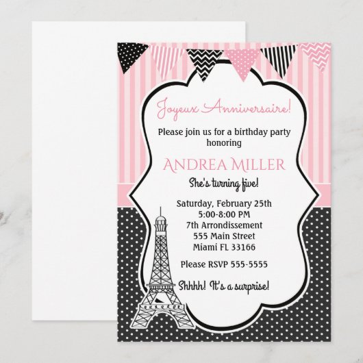 Paris Eiffel Surprise Birthday Party Invitation Kaart (Voorkant / Achterkant)