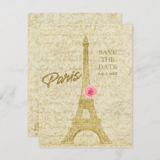 Paris Eiffel Toren Goud & Roze SAVE THE DATE Aankondigingskaart (Voorkant / Achterkant)