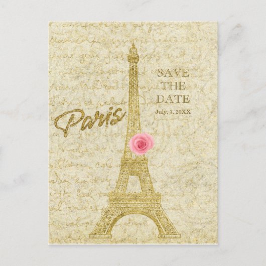 Paris Eiffel Toren Goud & Roze SAVE THE DATE Aankondigingskaart (Voorkant)