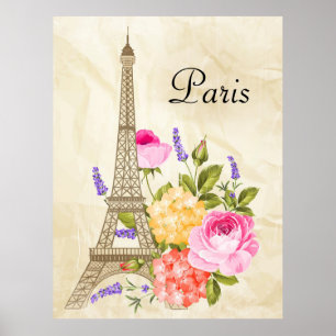 Paris Eiffel Tower and Flowers Poster