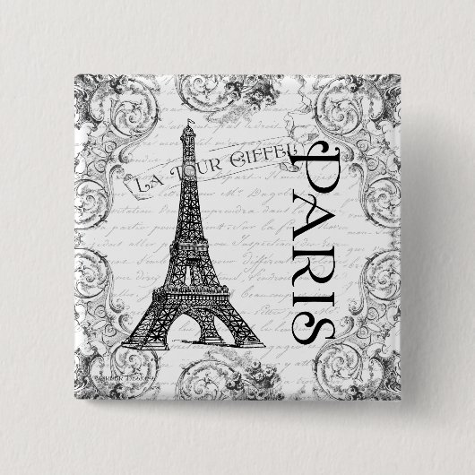 Paris Eiffel Tower and Scroll Vierkante Button 5,1 Cm (Voorkant)