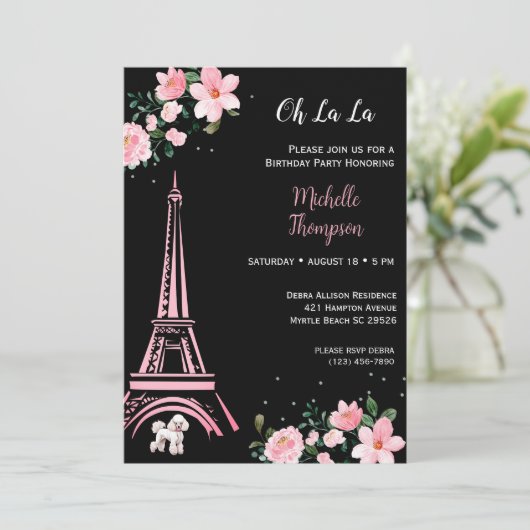 Paris Eiffel Tower Black and Pink Floral Birthday Kaart (Staand voorkant)