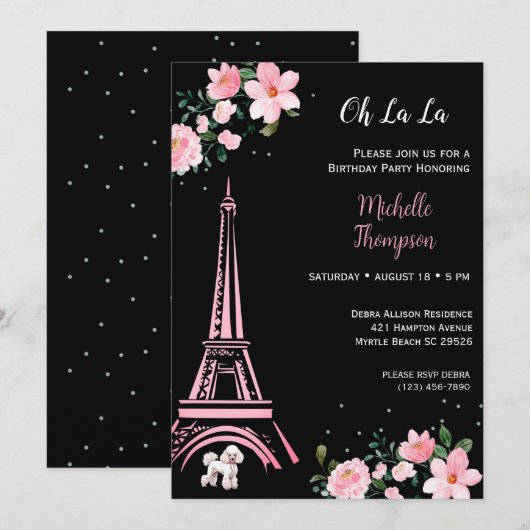 Paris Eiffel Tower Black and Pink Floral Birthday Kaart (Voorkant / Achterkant)