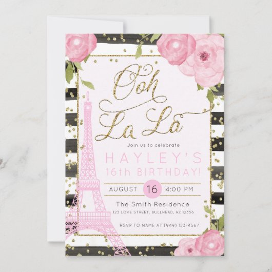 Paris Eiffel Tower Black Gold Birthday Invite Kaart (Voorkant)