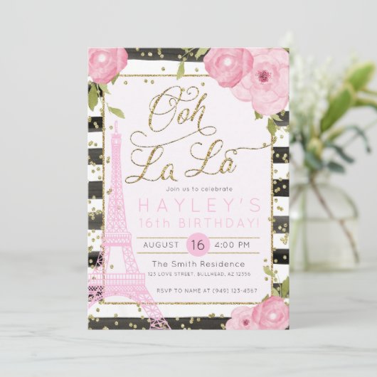 Paris Eiffel Tower Black Gold Birthday Invite Kaart (Staand voorkant)