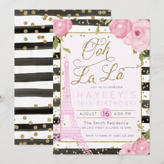 Paris Eiffel Tower Black Gold Birthday Invite Kaart (Voorkant / Achterkant)