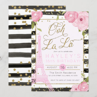 Paris Eiffel Tower Black Gold Birthday Invite Kaart