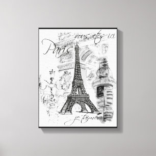 Paris Eiffel Tower Black & White Collage Scene Canvas Afdruk